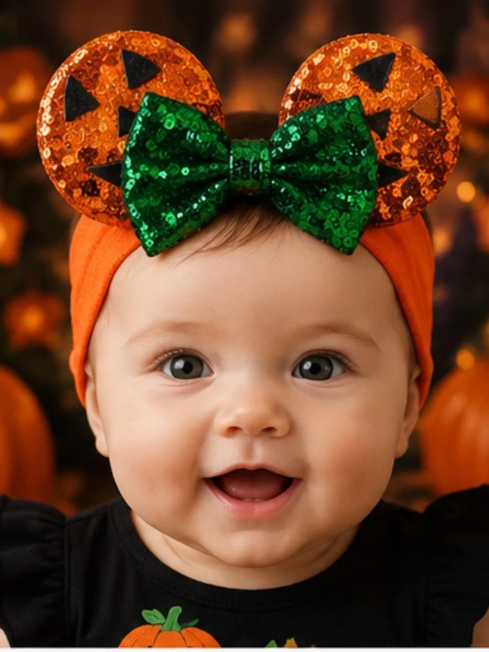 Baby Jack-O'-Lantern with Green Bow PLUS Black & Orange Spiderweb Bow Headband